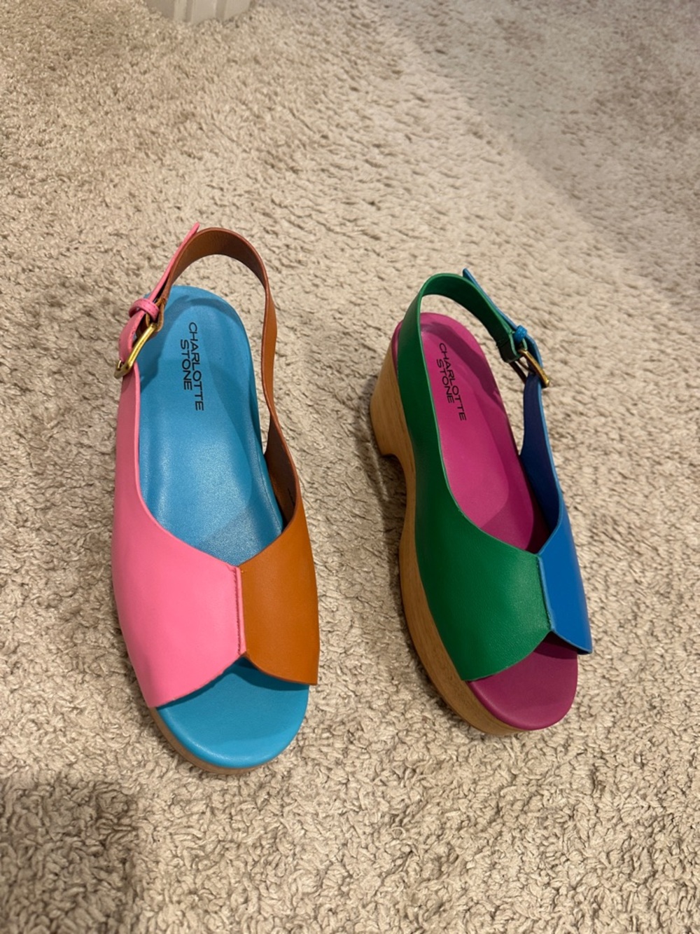 Charlotte Stone Colorblock Leather Slingback Mules in Pink, Blue, Green & Tan
